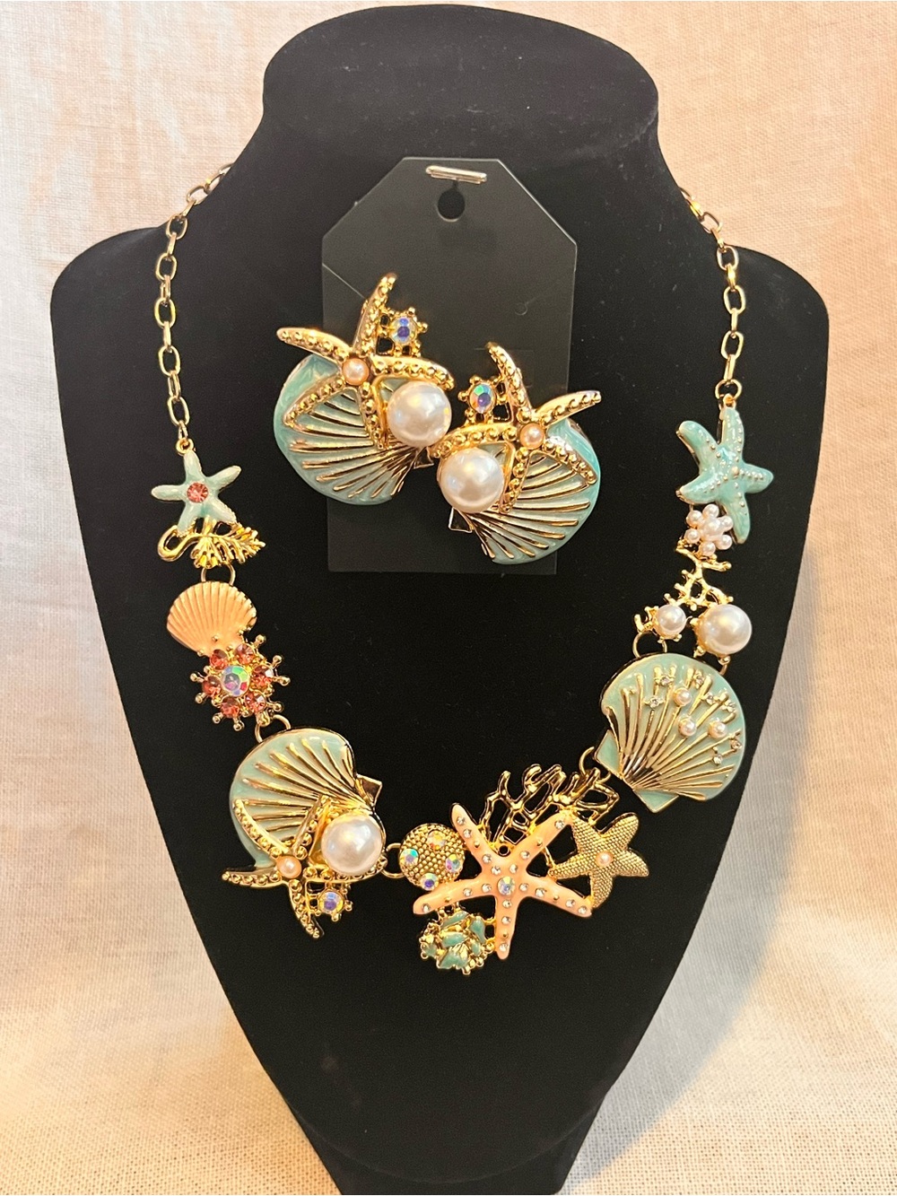 Beautiful Gold-Tone Aqua Shell & Starfish Necklace Bundle with Pearl Accents